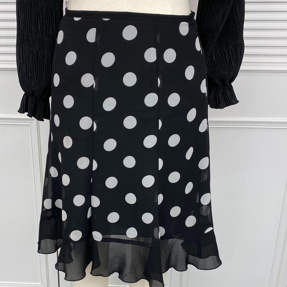 Joseph Ribkoff Size 14 Black and White Gored Polka Dot Skirt with Ruffle